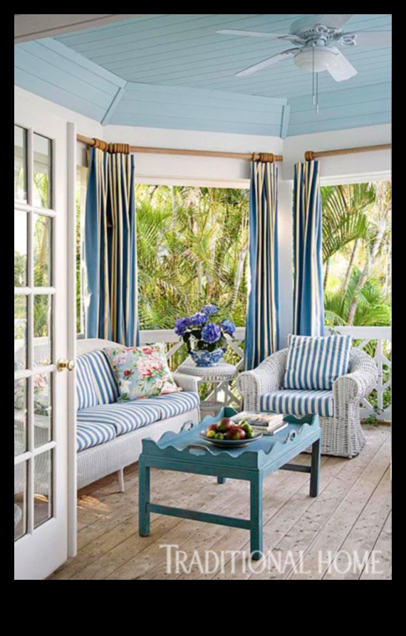 Ποιες είναι μερικές βασικές συμβουλές για τη διακόσμηση ενός εξωτερικού χώρου σαλονιού με ναυτικές πινελιές;