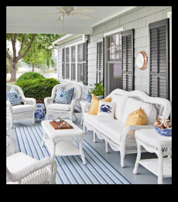 Ποιες είναι μερικές βασικές συμβουλές για τη διακόσμηση ενός εξωτερικού χώρου σαλονιού με ναυτικές πινελιές;